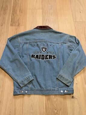Vintage 90s Oakland Raiders Denim Jacket Pro Elite L Embroidered Spellout RARE